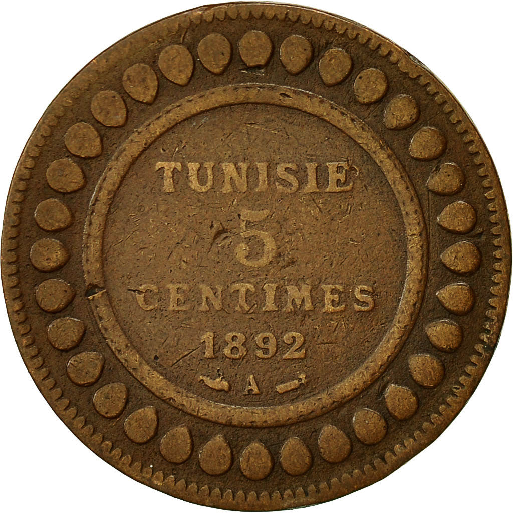 Tunisia, Ali Bey, 5 Centimes, 1892, Paris, AU(50-53), Bronze, KM:221