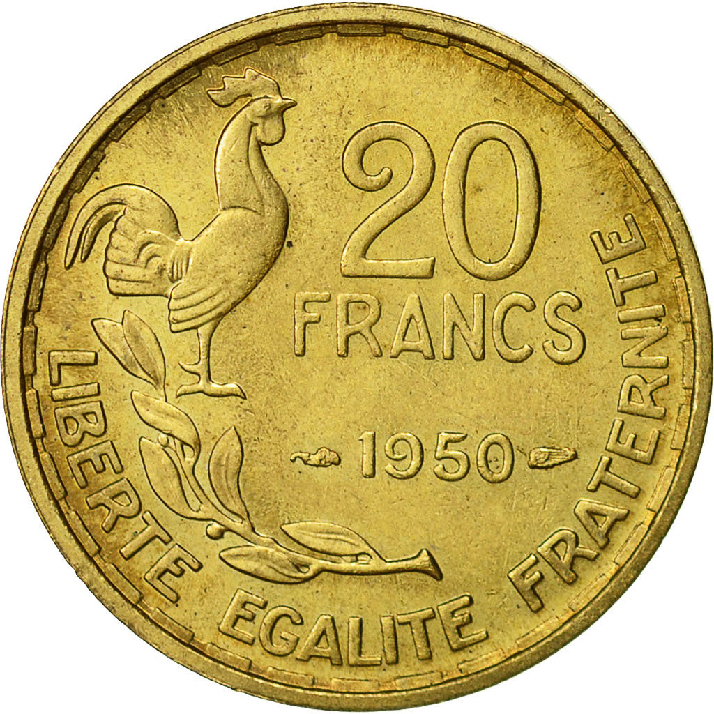 France, Guiraud, 20 Francs, 1950, Paris, SUP, Aluminum-Bronze, KM:916.1