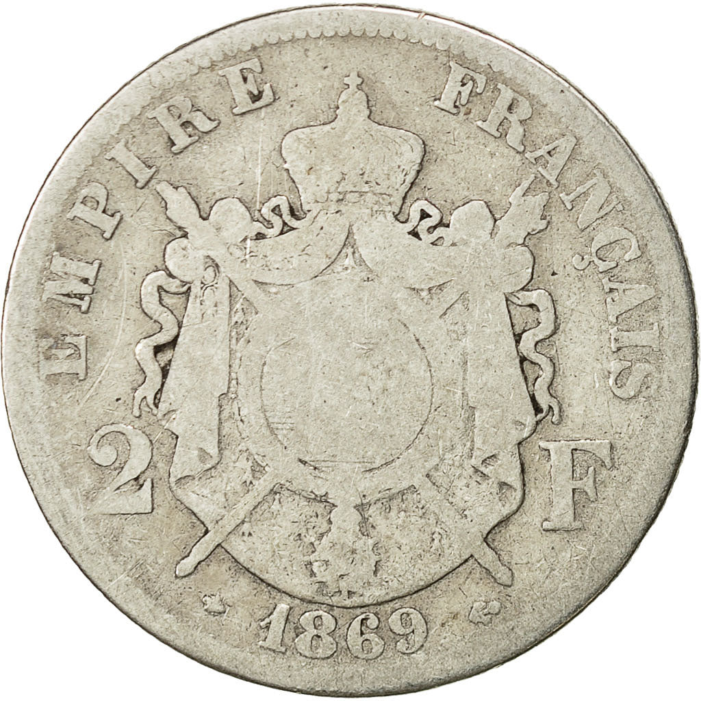 France, Napoleon III, Napoléon III, 2 Francs, 1869, Paris, B, Argent, KM:807.1