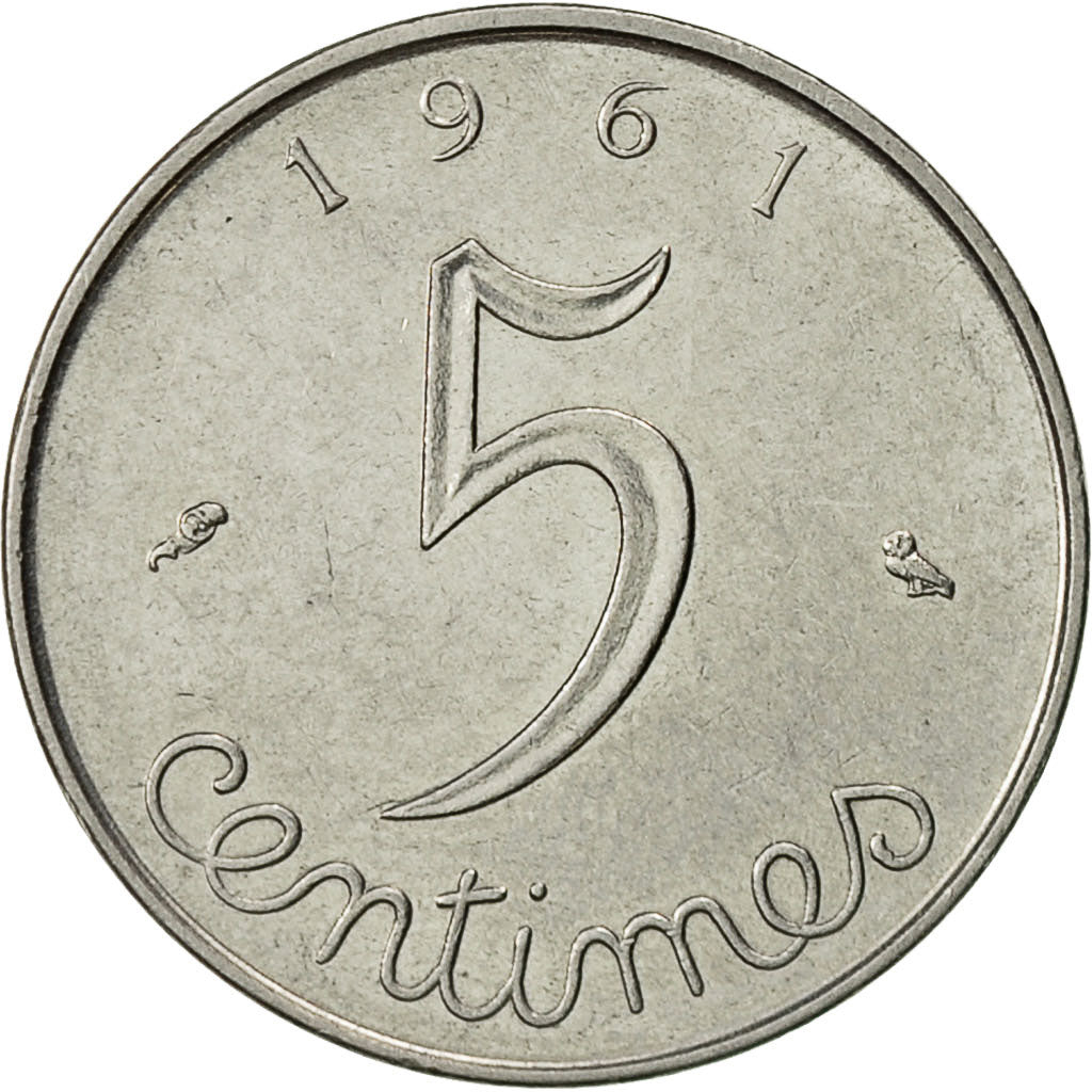 Francia, Épi, 5 Centimes, 1961, Paris, MBC+, Acero inoxidable, KM:927