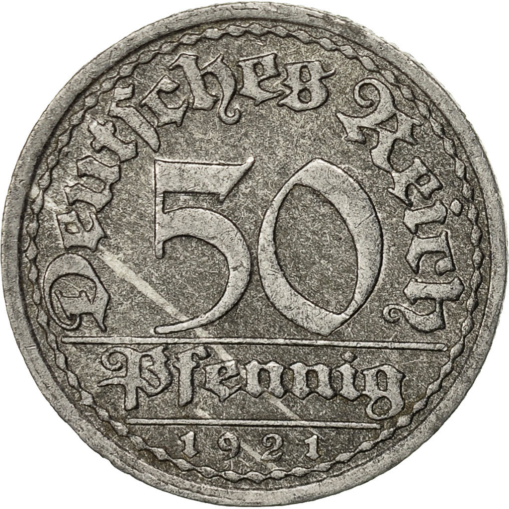 GERMANY, WEIMAR REPUBLIC, 50 Pfennig, 1921, Stuttgart, EF(40-45), Aluminum