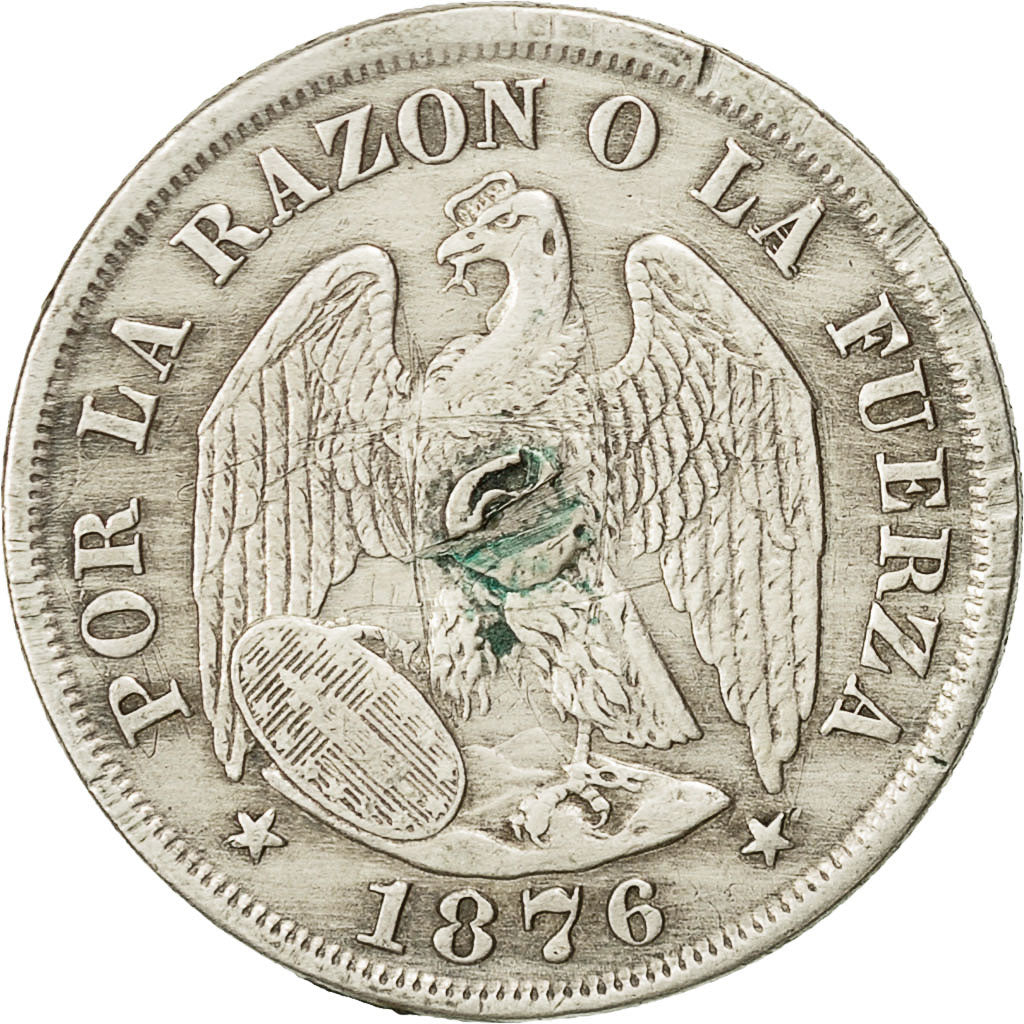 Chile, 20 Centavos, 1876, VF(30-35), Silver, KM:138.1