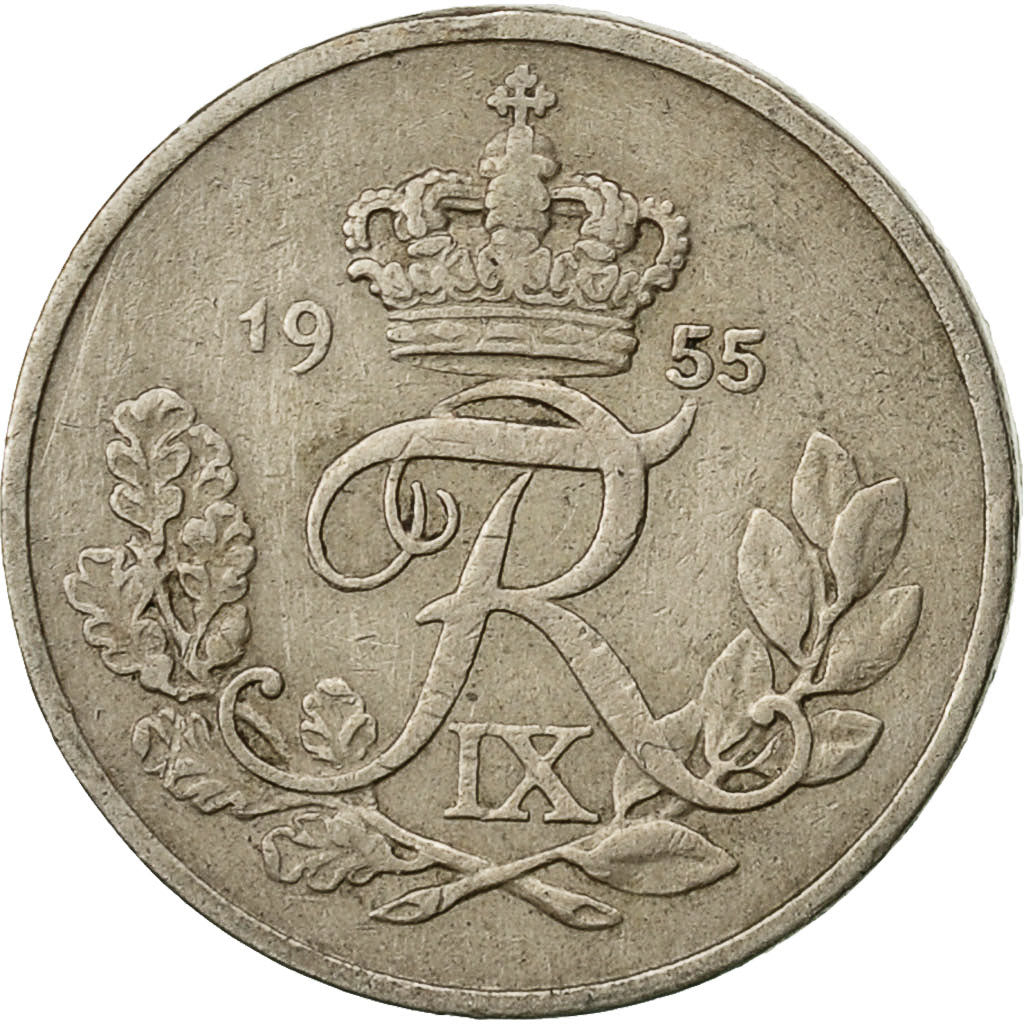 Danimarca, Frederik IX, 10 Öre, 1955, Copenhagen, BB, Rame-nichel, KM:841.1