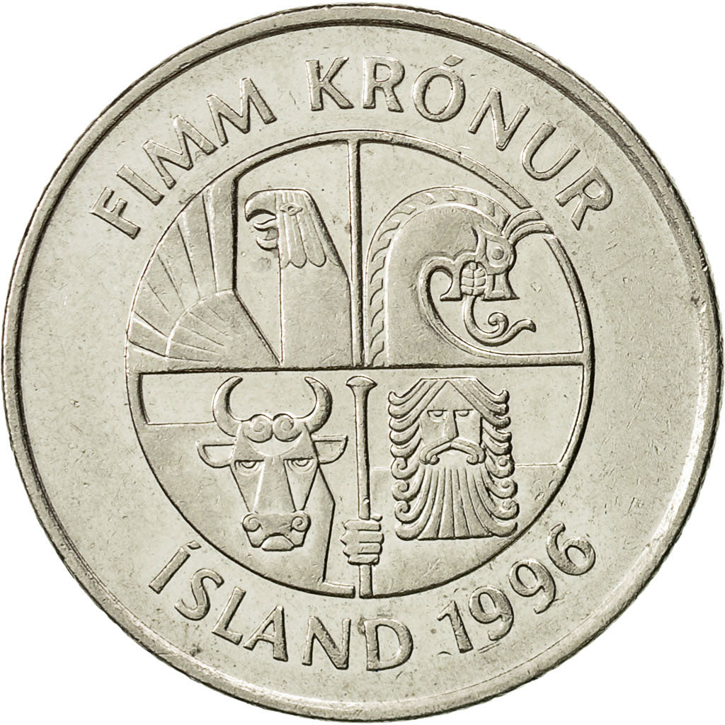 Iceland, 5 Kronur, 1996, AU(50-53), Nickel plated steel, KM:28a