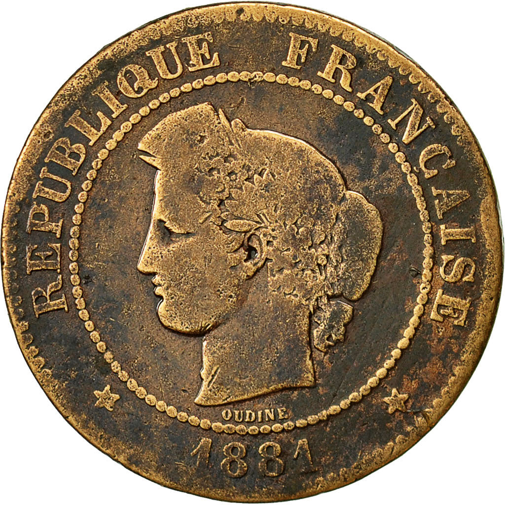 France, Cérès, 5 Centimes, 1881, Paris, VF(20-25), Bronze, KM:821.1