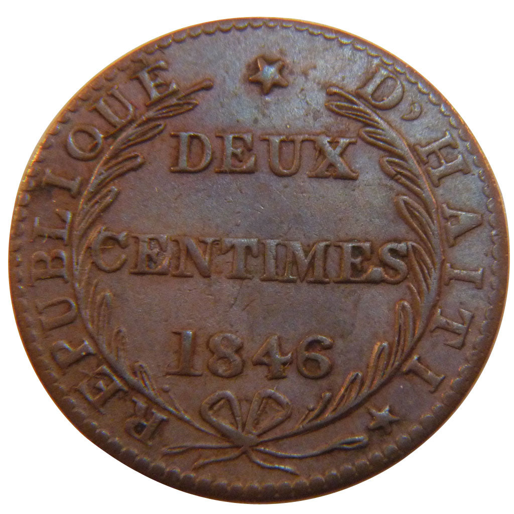 Haiti, 2 Centimes, 1846, KM #27.1, AU(50-53), Copper, 24, 5.40