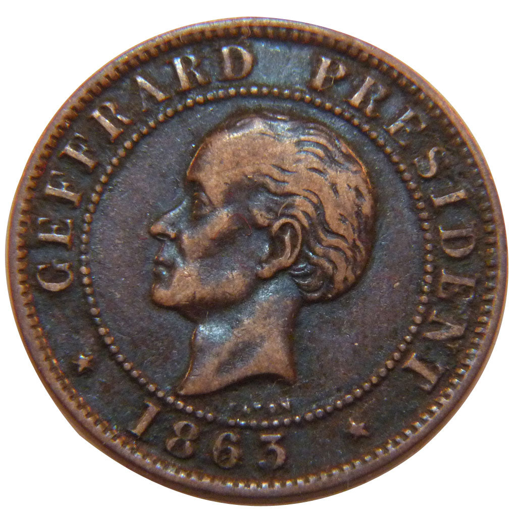 HAITI, 10 Centimes, 1863, KM #40, EF(40-45), Bronze, 4.00