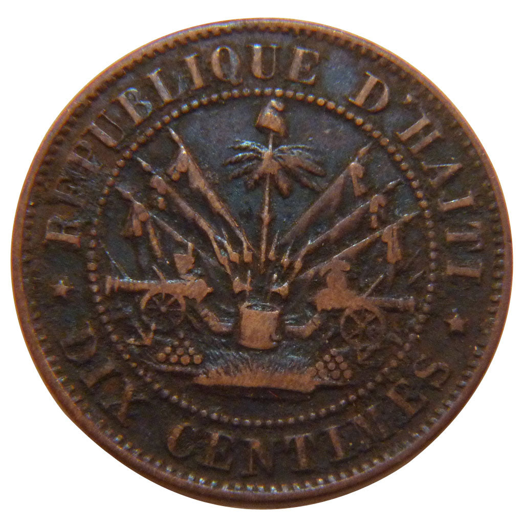 HAITI, 10 Centimes, 1863, KM #40, EF(40-45), Bronze, 4.00