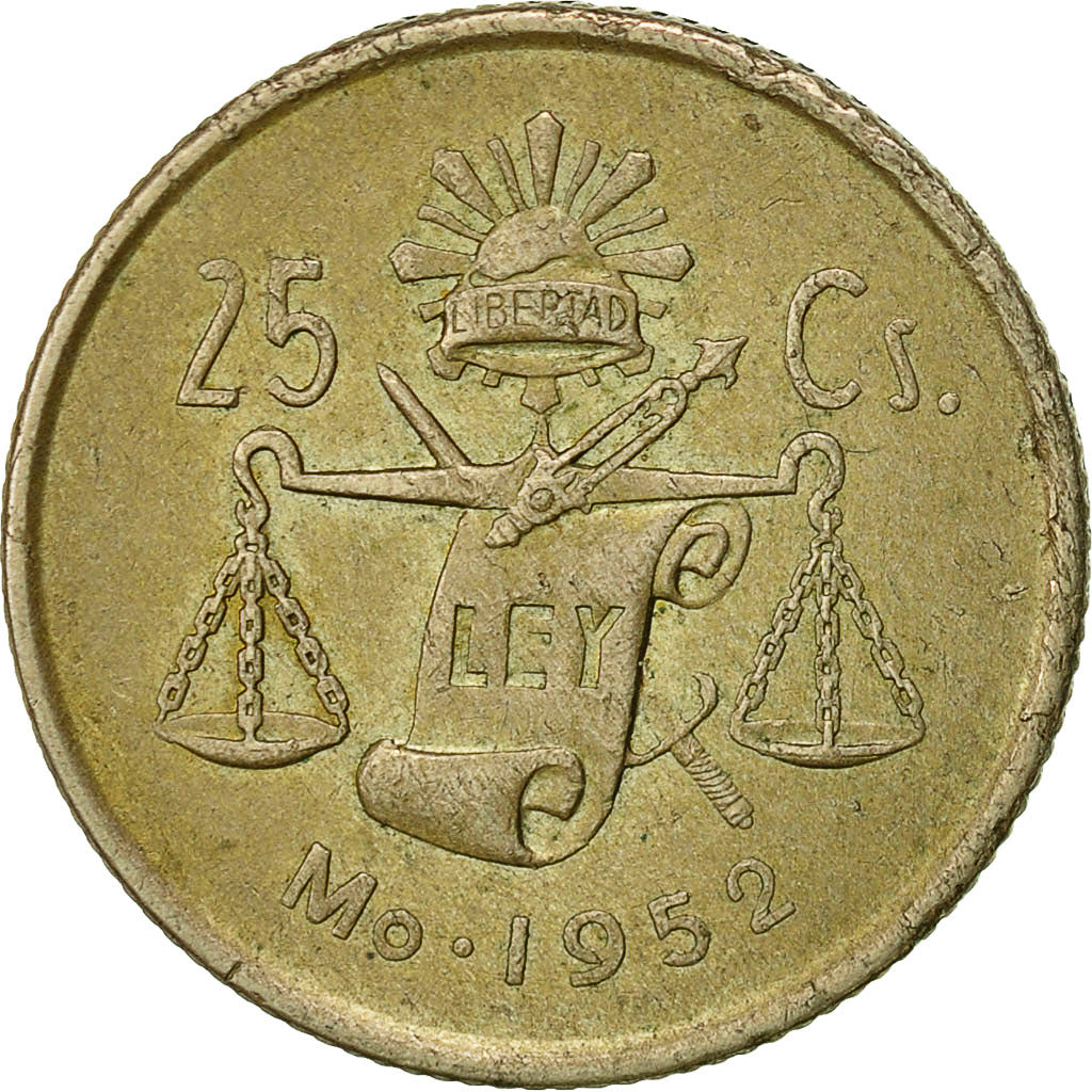 México, 25 Centavos, 1952, Mexico City, BC+, Plata, KM:443