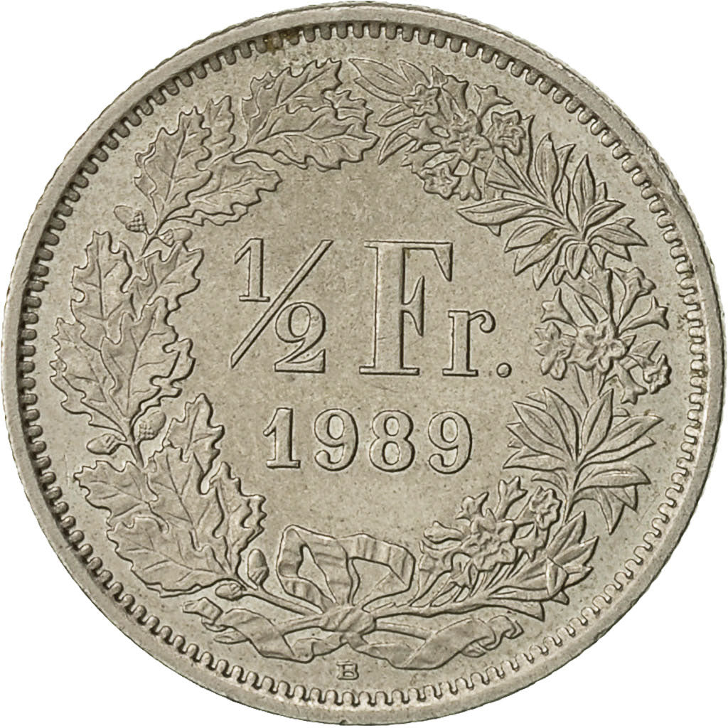 Suiza, 1/2 Franc, 1989, Bern, BC+, Cobre - níquel, KM:23a.3