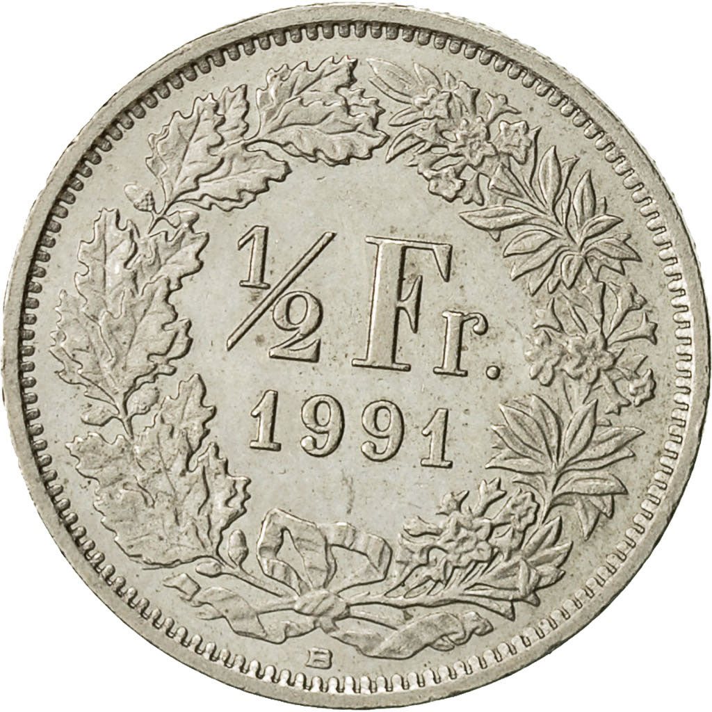 Switzerland, 1/2 Franc, 1991, Bern, EF(40-45), Copper-nickel, KM:23a.3