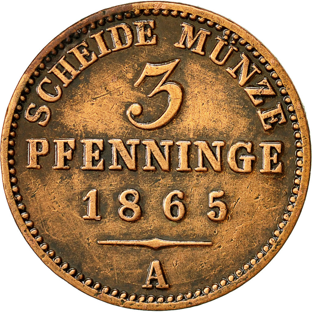 German States, PRUSSIA, Wilhelm I, 3 Pfennig, 1865, Berlin, EF(40-45), Copper