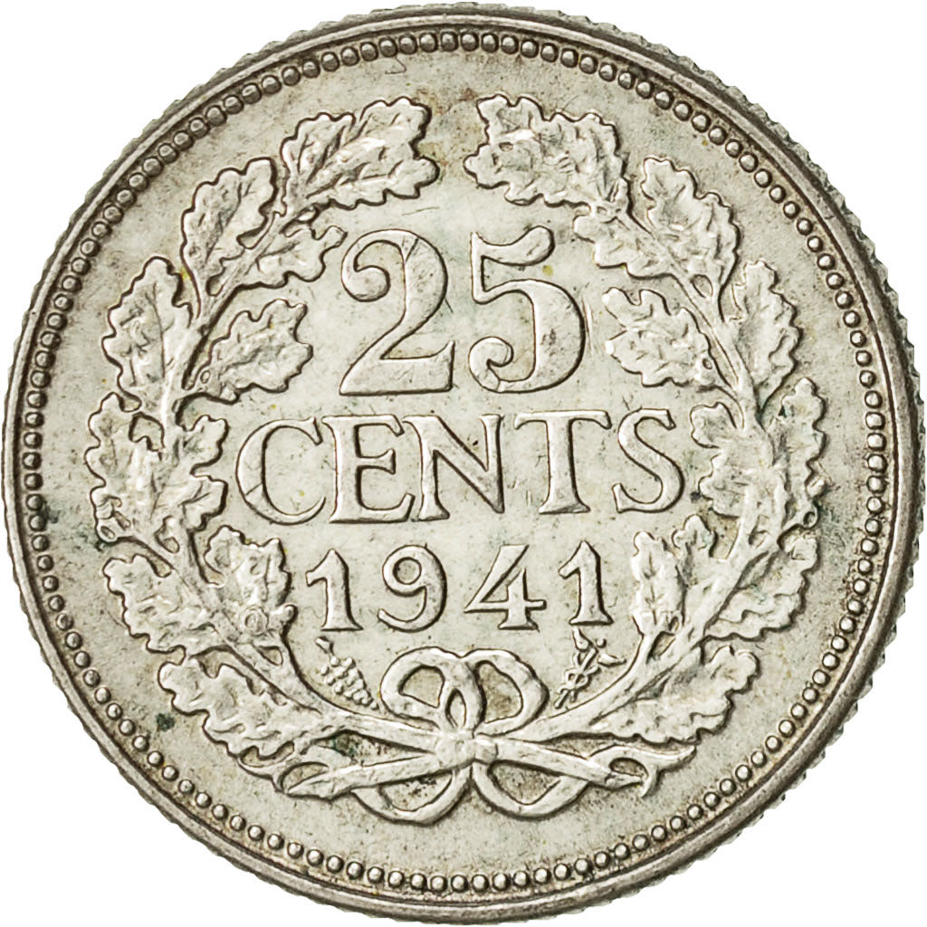 Netherlands, Wilhelmina I, 25 Cents, 1941, EF(40-45), Silver, KM:164