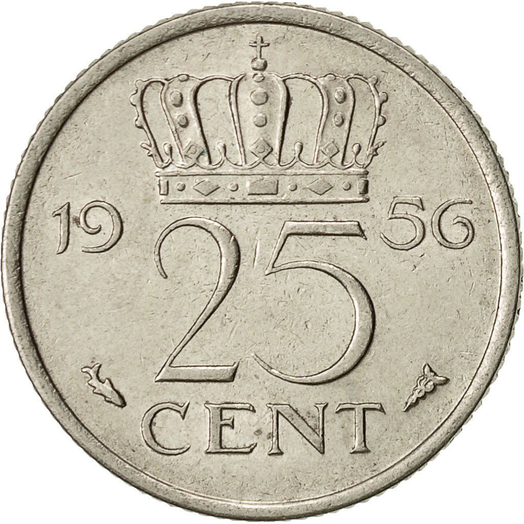 Netherlands, Juliana, 25 Cents, 1956, EF(40-45), Nickel, KM:183
