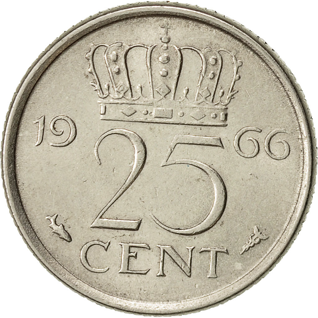 Paesi Bassi, Juliana, 25 Cents, 1966, BB, Nichel, KM:183
