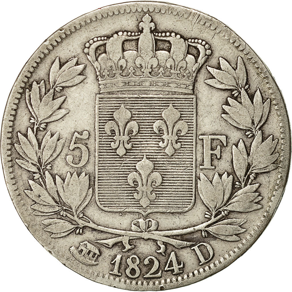France, Louis XVIII, 5 Francs, 1824, Lyons, VF(30-35), Silver, KM:711.4