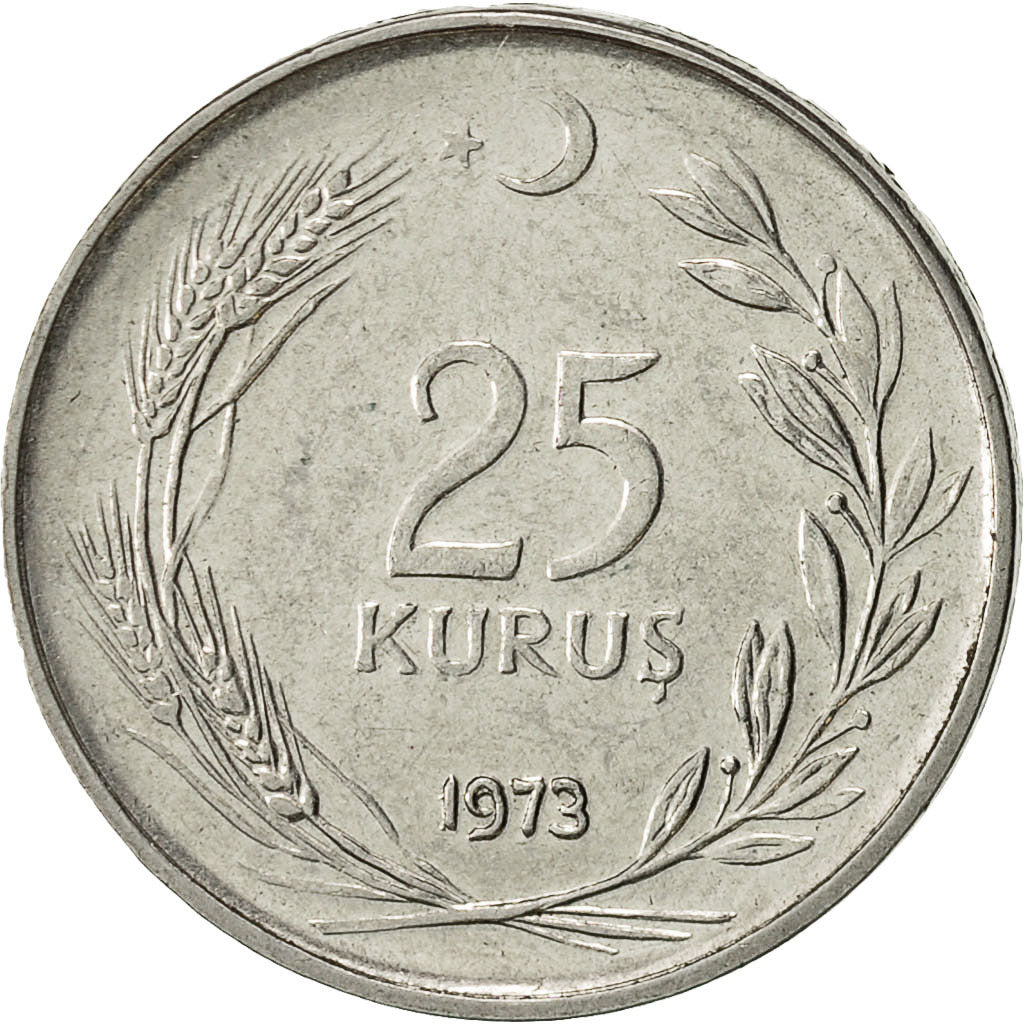 Turkey, 25 Kurus, 1973, EF(40-45), Stainless Steel, KM:892.3