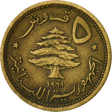 Moneda, Líbano, 5 Piastres, 1961, MBC, Aluminio - bronce, KM:21