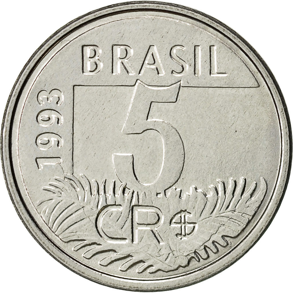Brasil, 5 Cruzeiros Reais, 1993, MBC, Acero inoxidable, KM:627