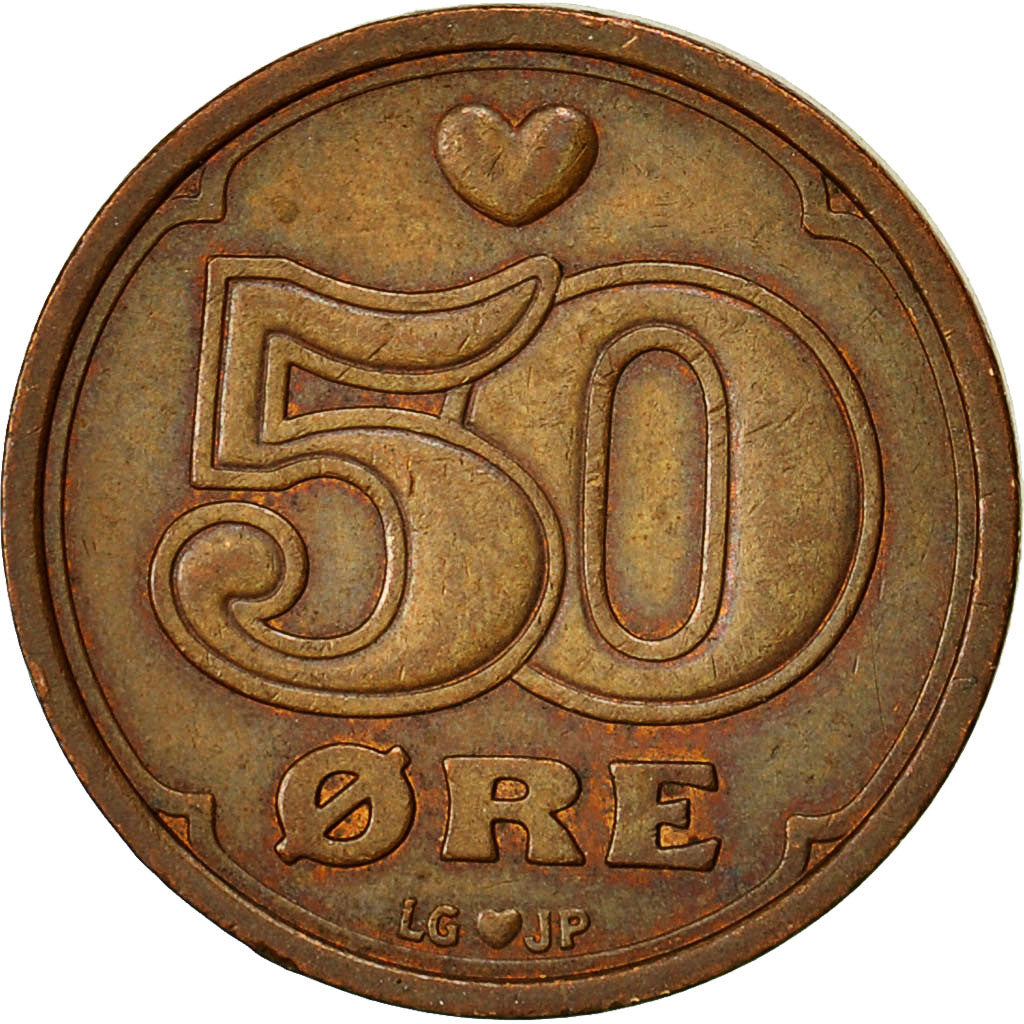 Moneta, Dania, Margrethe II, 50 Öre, 1990, Brondby, EF(40-45), Bronze, KM:866.2