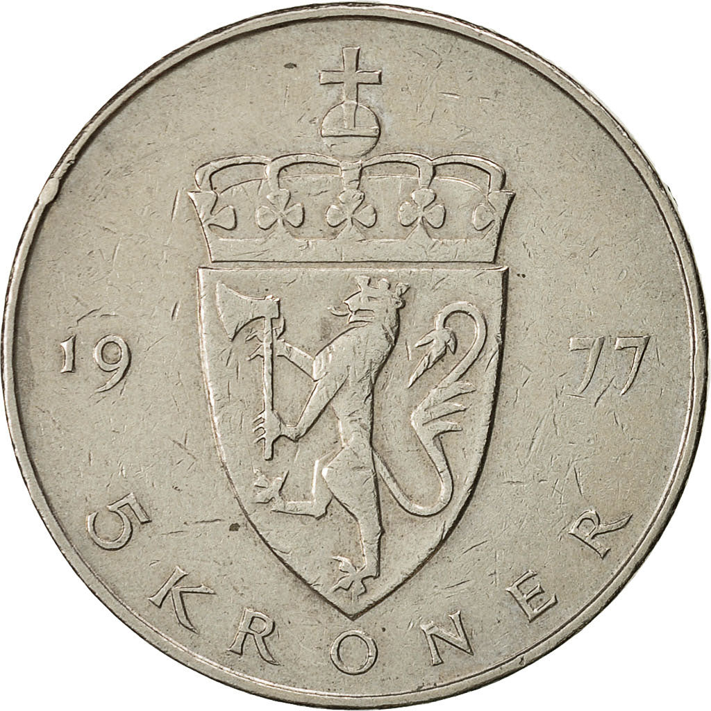 Norway, Olav V, 5 Kroner, 1977, EF(40-45), Copper-nickel, KM:420