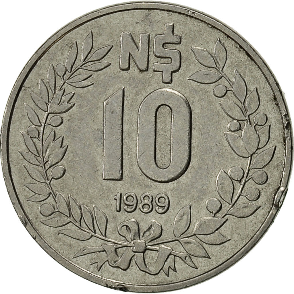 Uruguay, 10 Nuevos Pesos, 1989, Paris, AU(50-53), Stainless Steel, KM:93