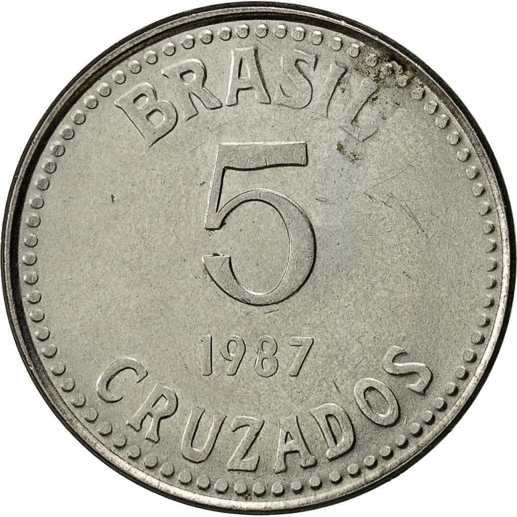 Brazil, 5 Cruzados, 1987, AU(50-53), Stainless Steel, KM:606