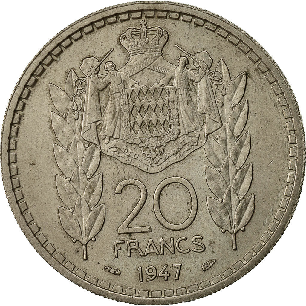 Monaco, Louis II, 20 Francs, Vingt, 1947, Poissy, EF(40-45), Copper-nickel