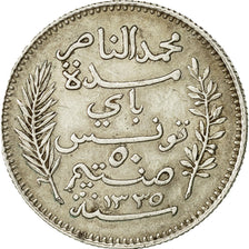 Tunisia, Muhammad al-Nasir Bey, 50 Centimes, 1917, Paris, EF(40-45), Silver
