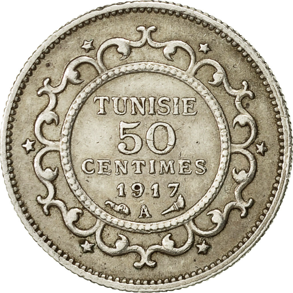 Tunisia, Muhammad al-Nasir Bey, 50 Centimes, 1917, Paris, EF(40-45), Silver