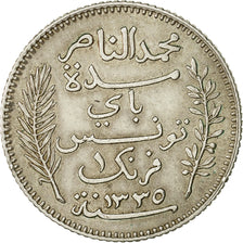 Tunisia, Muhammad al-Nasir Bey, Franc, 1917, Paris, EF(40-45), Silver, KM:238