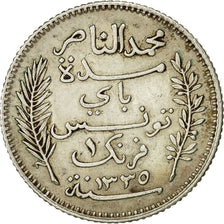 Tunisia, Muhammad al-Nasir Bey, Franc, 1917, Paris, VF(30-35), Silver, KM:238
