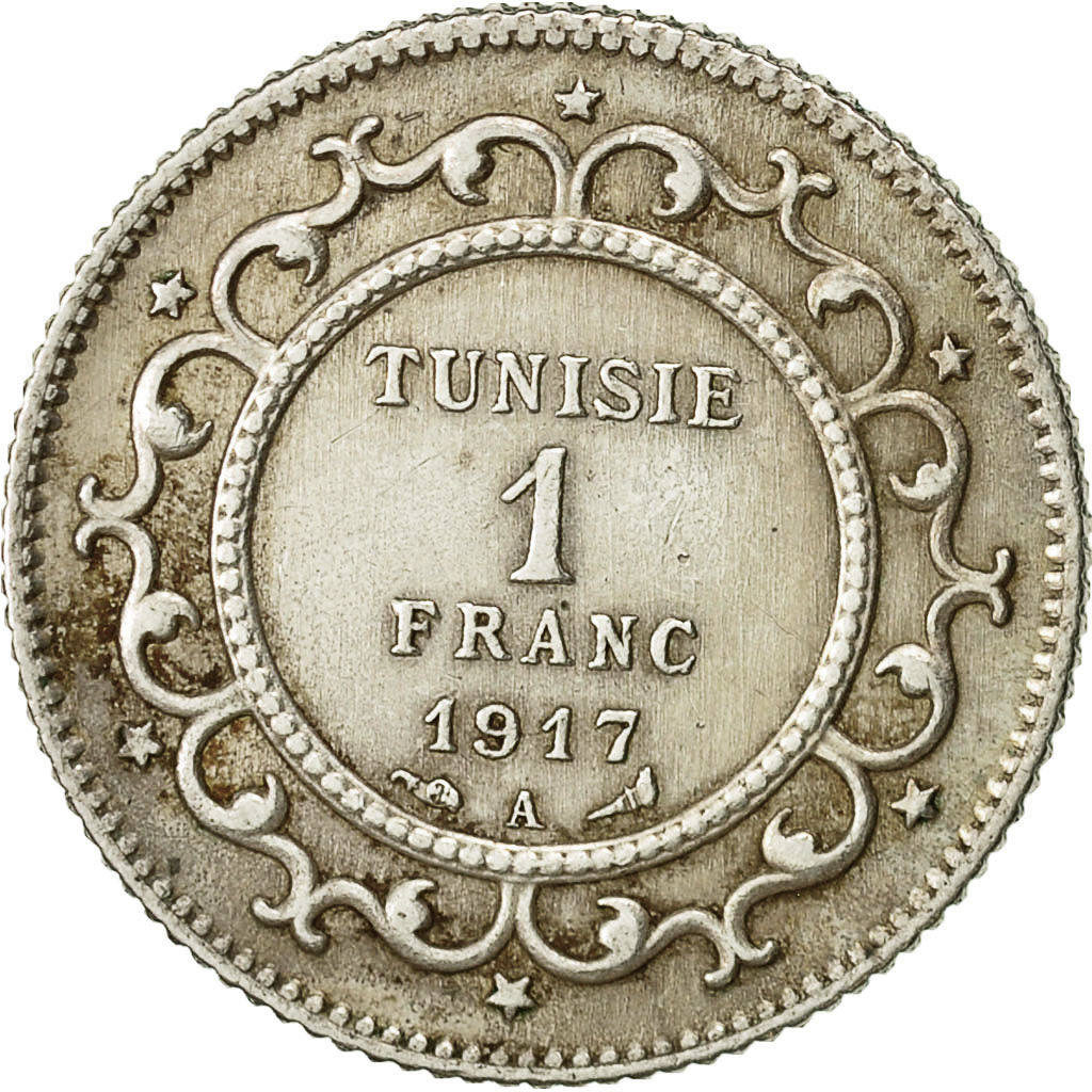 Tunisia, Muhammad al-Nasir Bey, Franc, 1917, Paris, VF(30-35), Silver, KM:238
