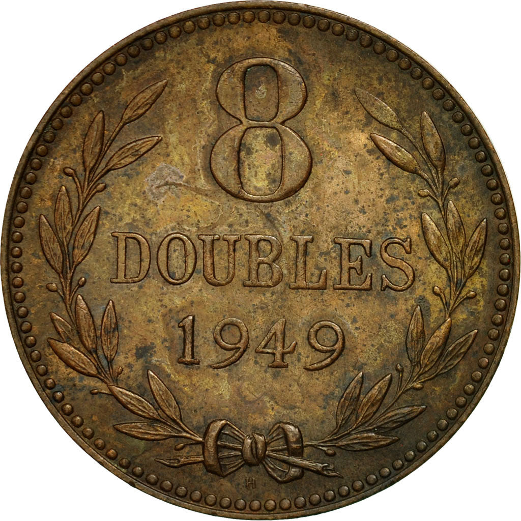 Guernsey, 8 Doubles, 1949, Heaton, Birmingham, EF(40-45), Bronze, KM:14