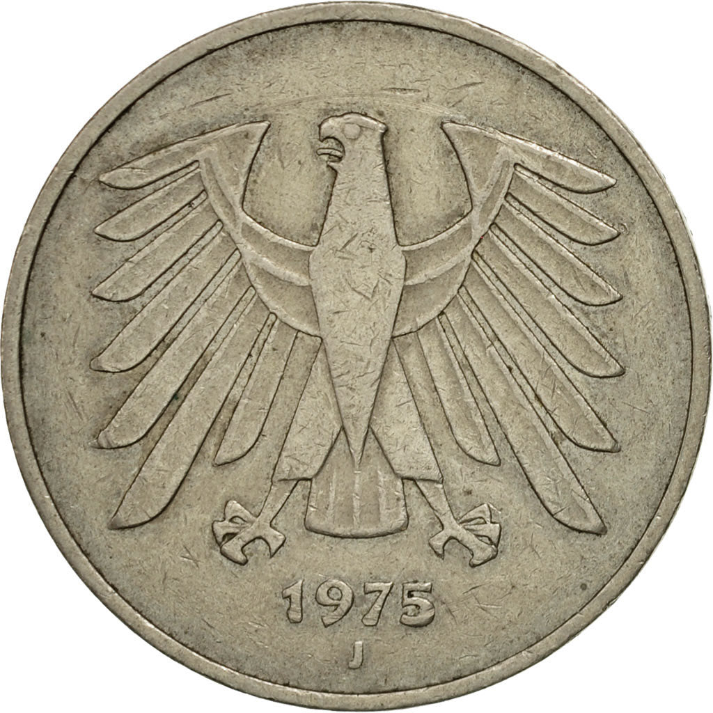 GERMANIA - REPUBBLICA FEDERALE, 5 Mark, 1975, Hambourg, BB, Nichel ricoperto in