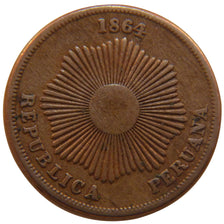 PERU, 2 Centavos, 1864, KM #188.1, AU(50-53), Copper-Nickel, 9.20