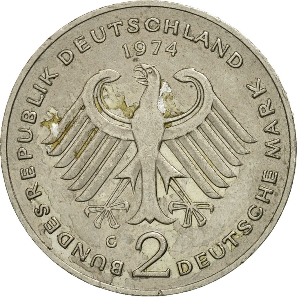 GERMANY - FEDERAL REPUBLIC, 2 Mark, 1974, Karlsruhe, EF(40-45), Copper-Nickel