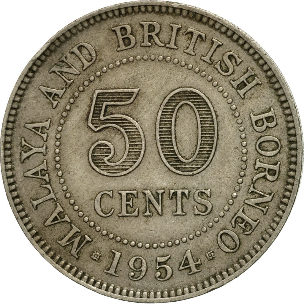 MALAYA & BRITISH BORNEO, 50 Cents, 1954, VF(30-35), Copper-nickel, KM:4.1