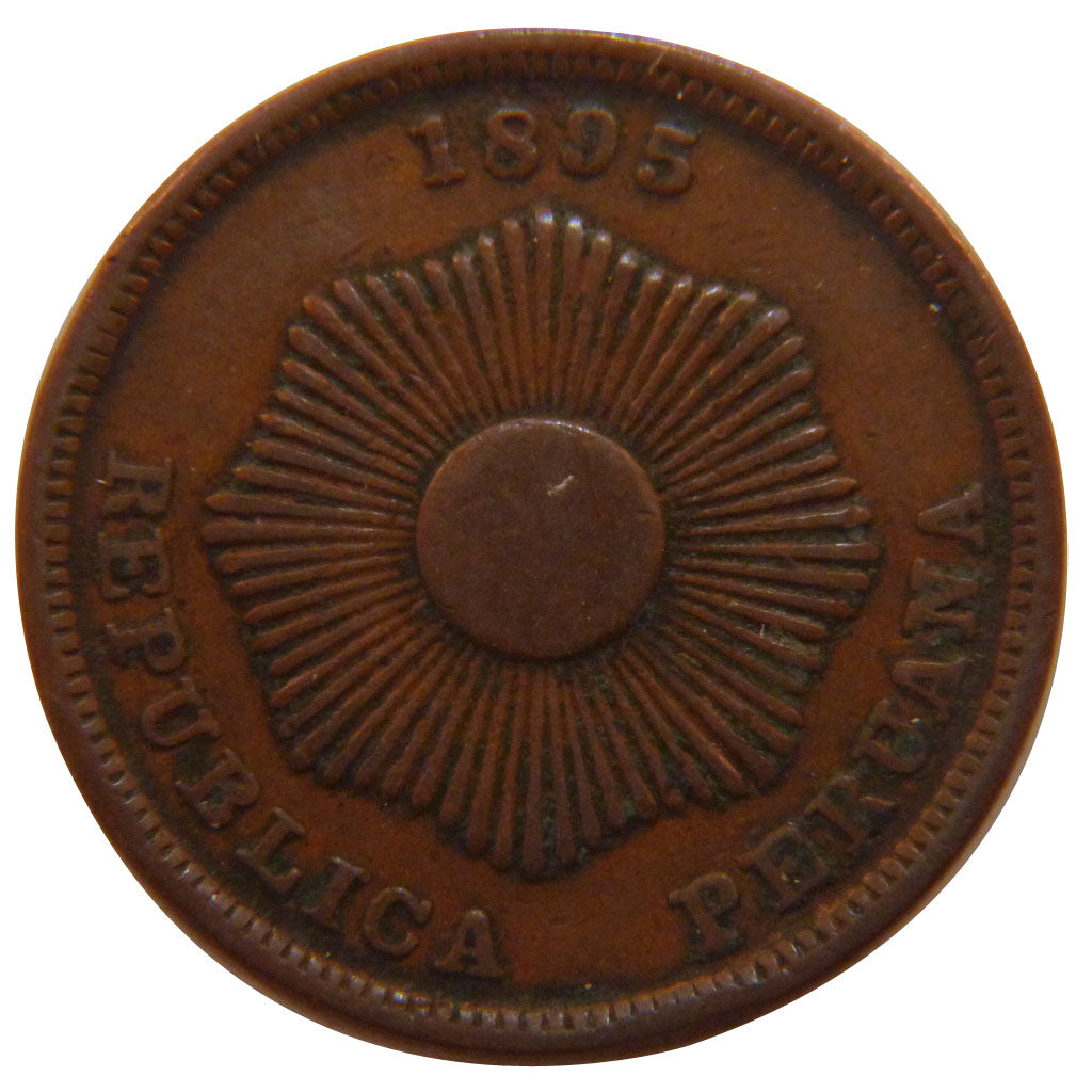 PERU, 2 Centavos, 1895, KM #188.2, AU(50-53), Copper Or Bronze, 8.70
