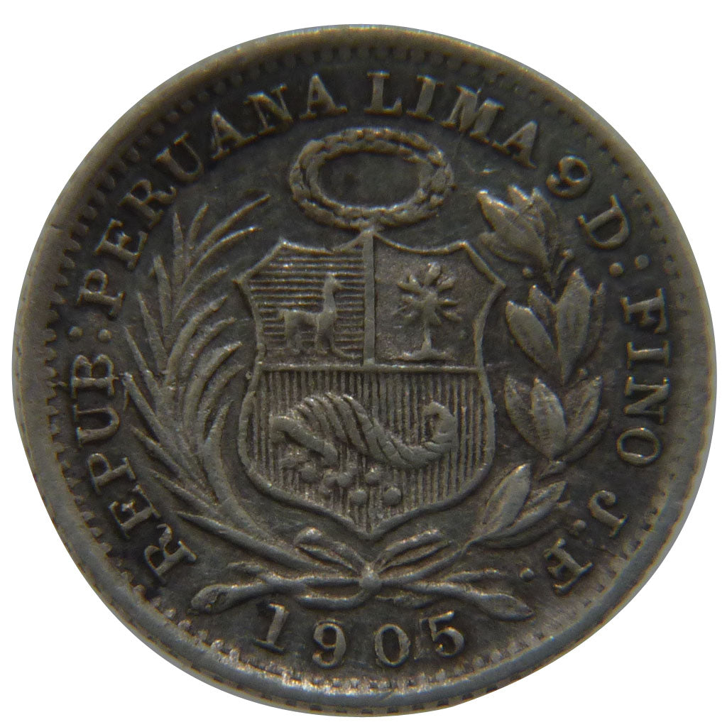 Peru, 1/2 Dinero, 1905, KM #206, AU(50-53), Silver, 1.30