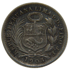Peru, 1/2 Dinero, 1905, KM #206, AU(50-53), Silver, 1.30