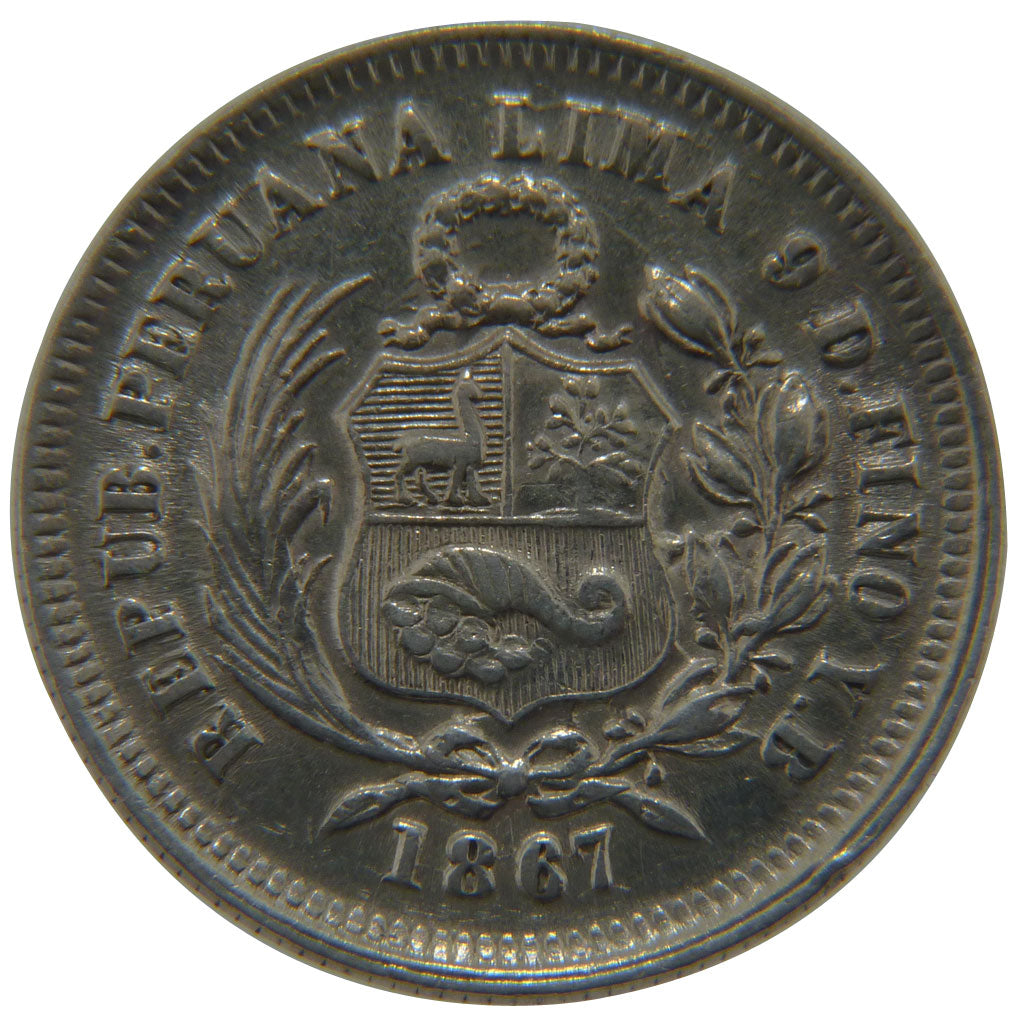 Peru, 1/5 Sol, 1867, Lima, KM #191, AU(55-58), Silver, 5.00