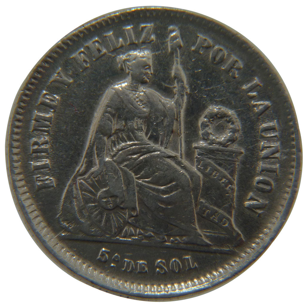Peru, 1/5 Sol, 1867, Lima, KM #191, AU(55-58), Silver, 5.00