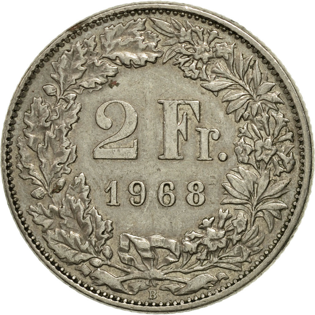 Suiza, 2 Francs, 1968, Bern, BC+, Cobre - níquel, KM:21a.1