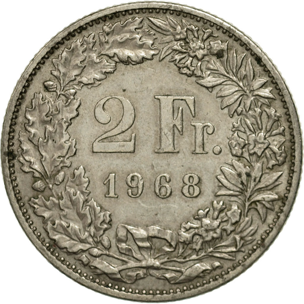 Suiza, 2 Francs, 1968, Bern, BC+, Cobre - níquel, KM:21a.1