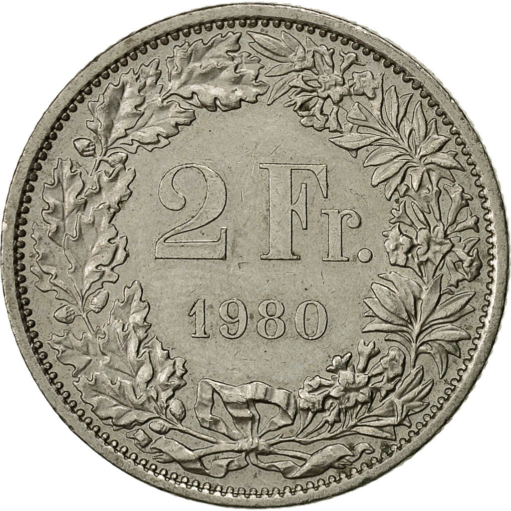 Switzerland, 2 Francs, 1980, Bern, EF(40-45), Copper-nickel, KM:21a.1