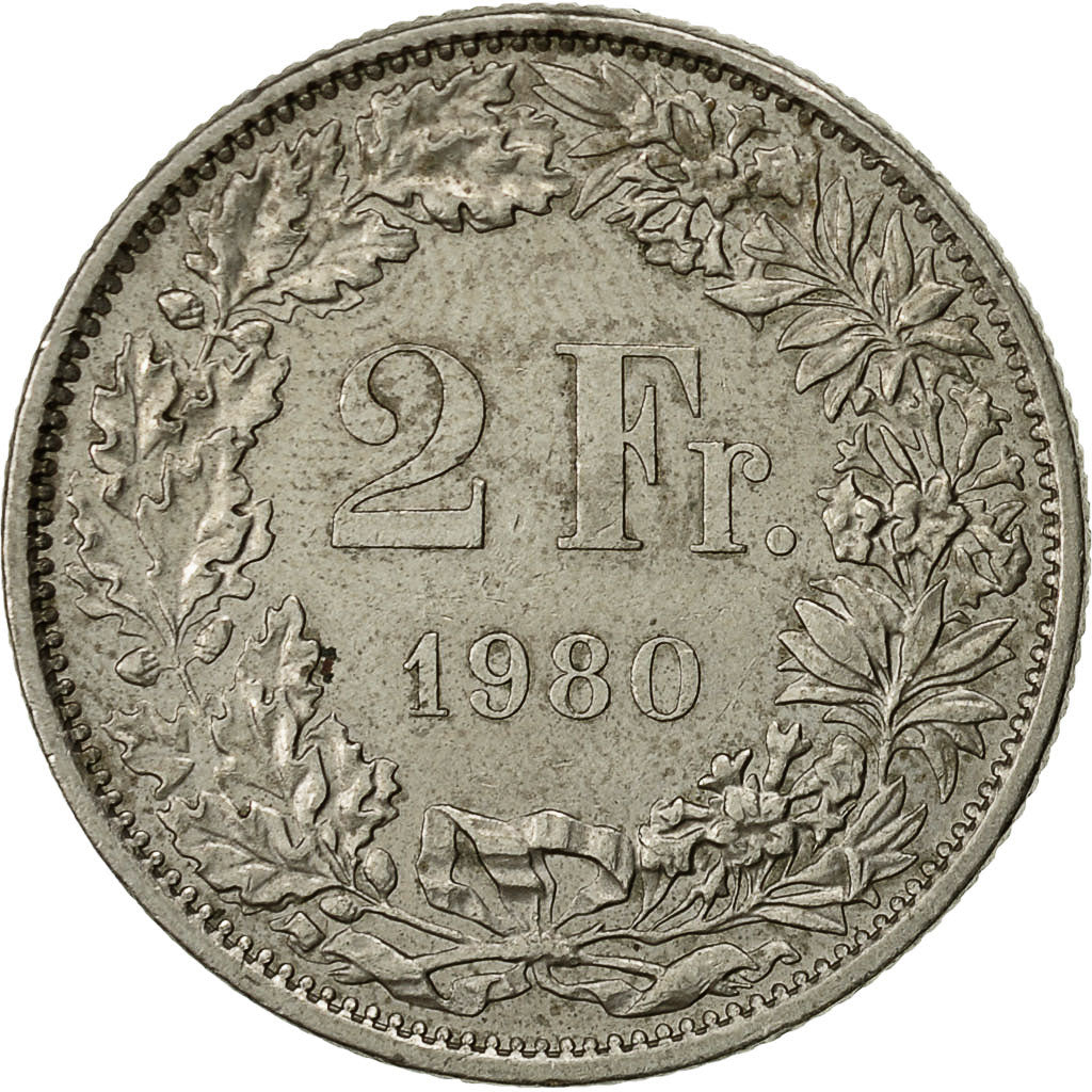 Suiza, 2 Francs, 1980, Bern, BC+, Cobre - níquel, KM:21a.1
