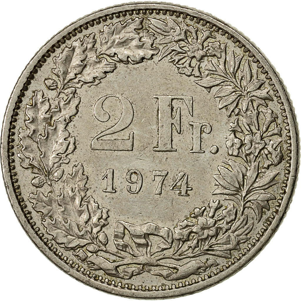 Suiza, 2 Francs, 1974, Bern, BC+, Cobre - níquel, KM:21a.1