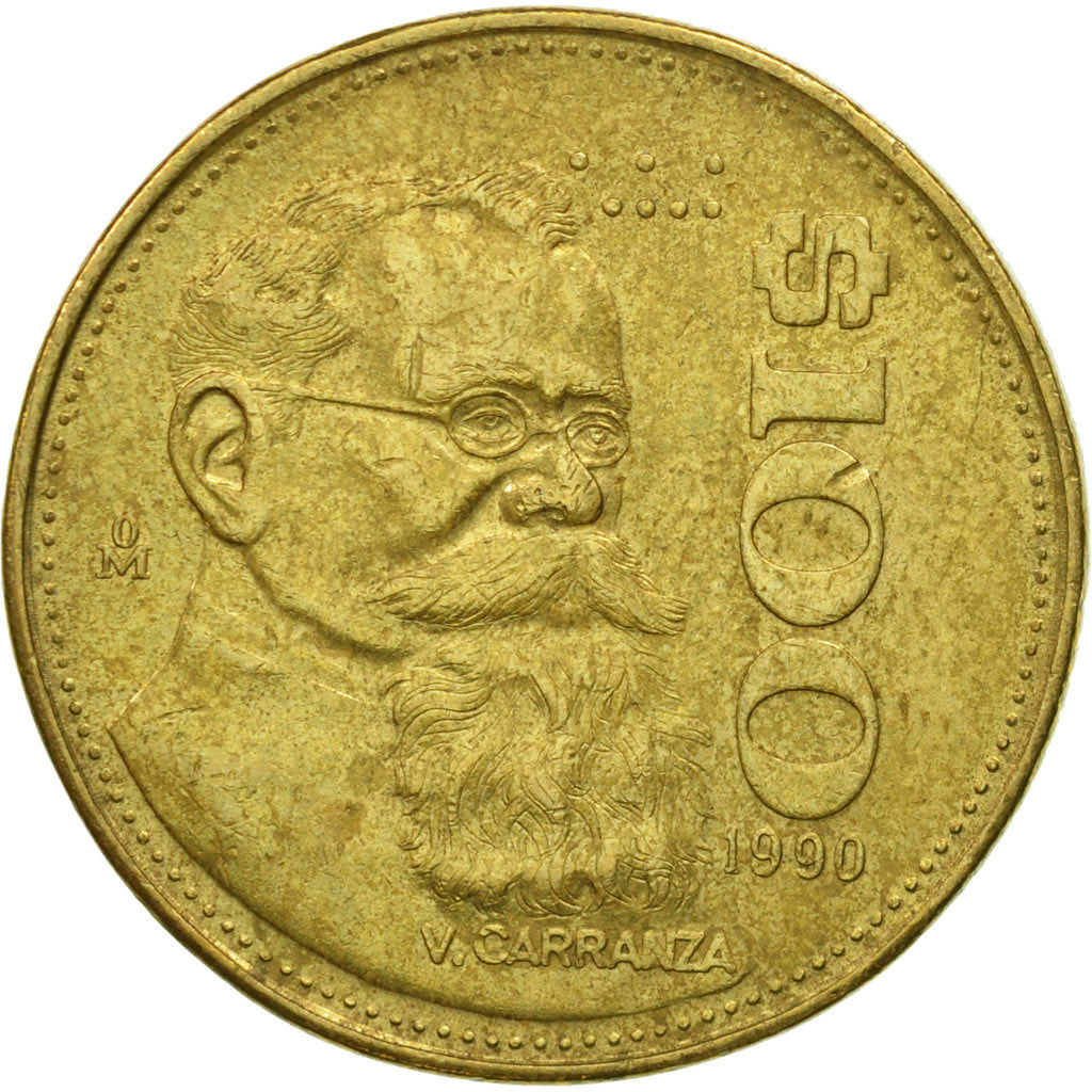 México, 100 Pesos, 1990, Mexico City, BC+, Aluminio - bronce, KM:493