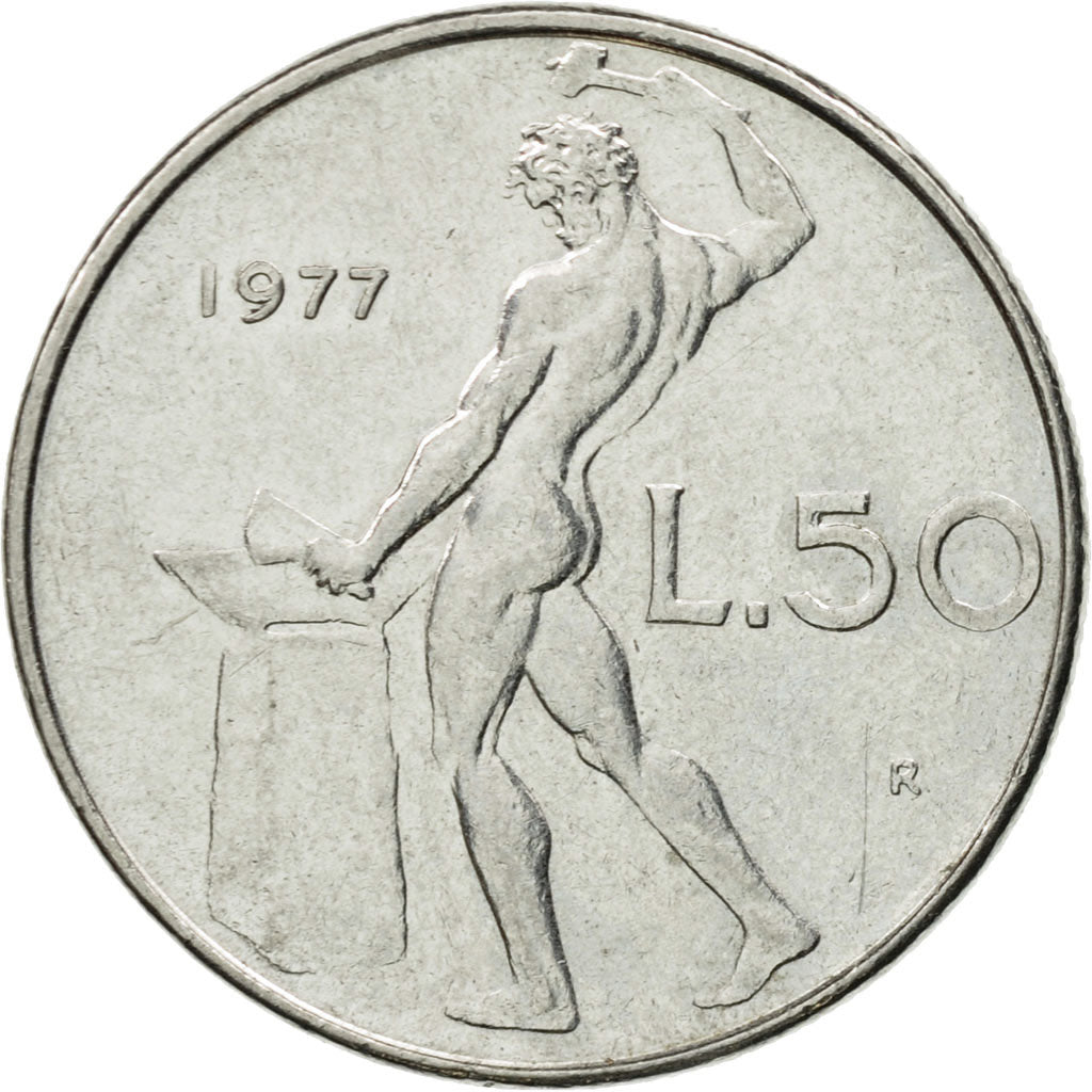 Italia, 50 Lire, 1977, Rome, MB+, Acciaio inossidabile, KM:95.1